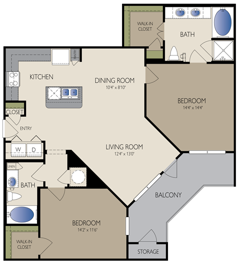 Floor plan for 2 beds, 2 baths, 1202 sqft